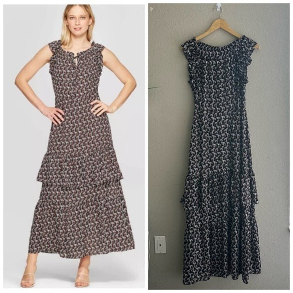 Who What Wear Medium Floral Print Cap Sleeve Boat Neck Ruffle Tiered Maxi Dress